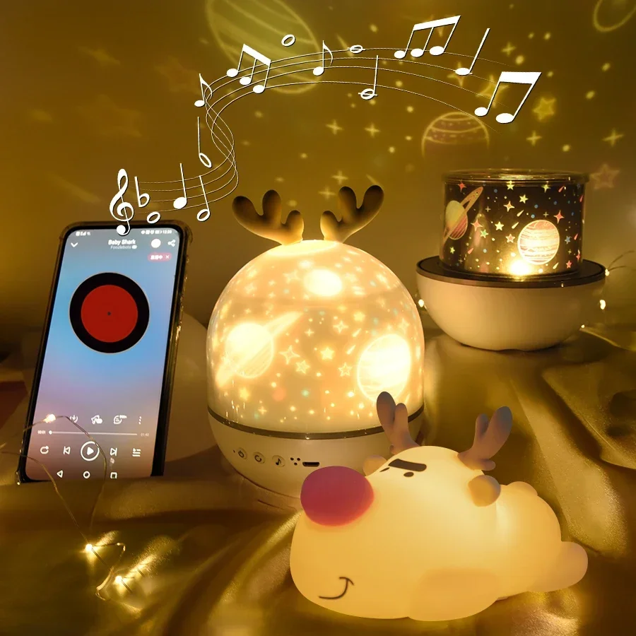 Deer LED Night Light Starry Sky Projector Table Desk Night Lamp Bedside Bedroom Decoration Kids Baby Birthday Christmas Gifts