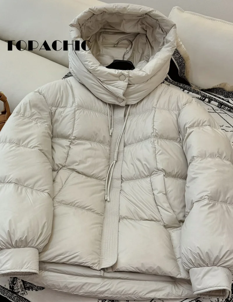 9.5 TOPACHIC-Women 2024 Winter New Hooded Loose Bread Short Down Jacket Lace-up Decoration Thick Keep Warm Goose Down Outerwear