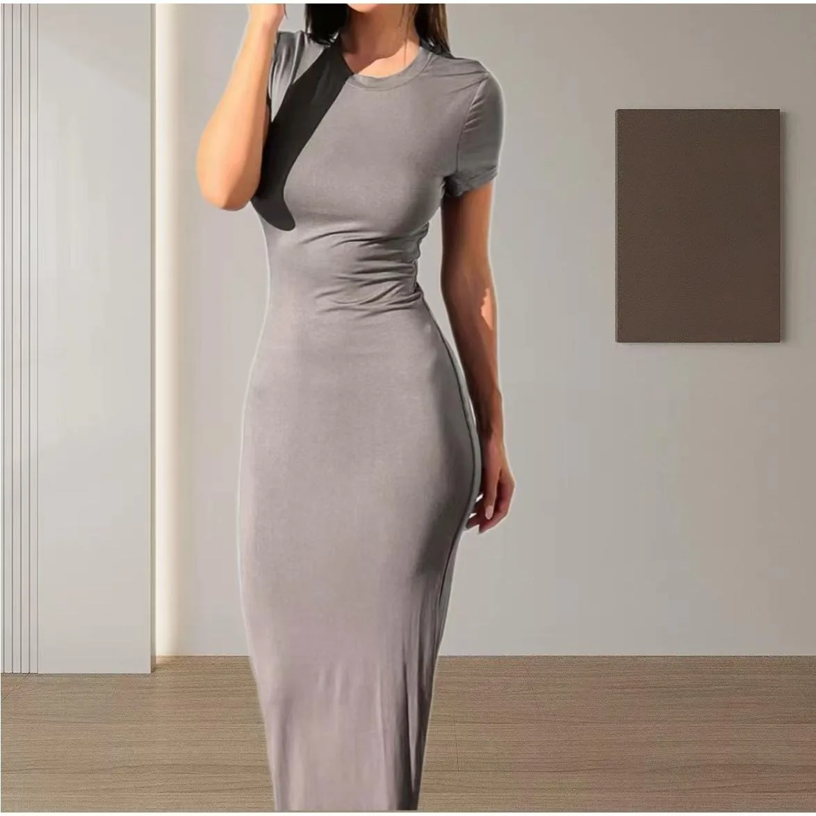 E cor pura slim fit vestido de manga curta moda fena estilo básico saia de crimento médio estilo europeu cintur...