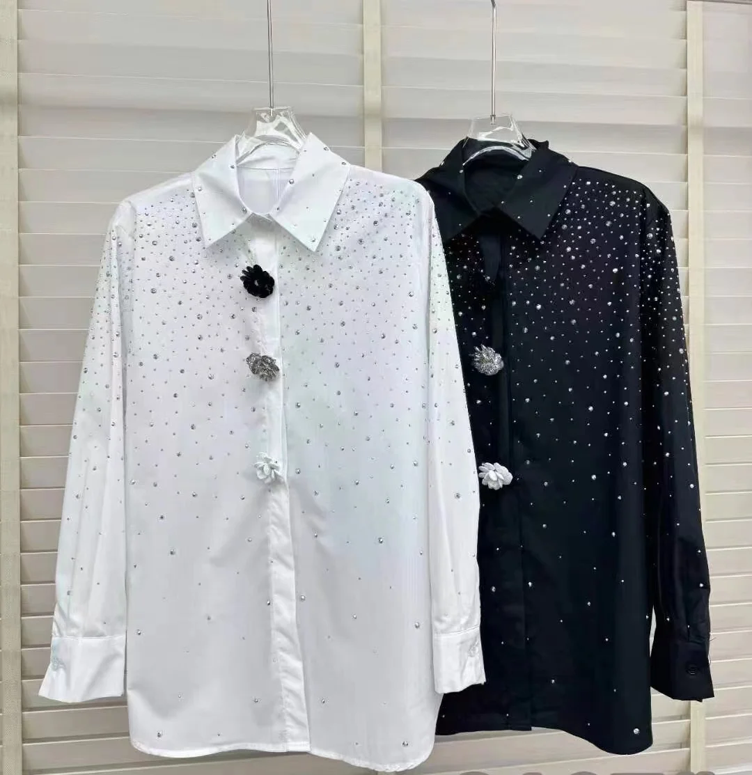 New In Hot Drilling Diamonds Black White Shirts For Women Fashion Long Sleeve Buttons Up Blouse Tops Blusas