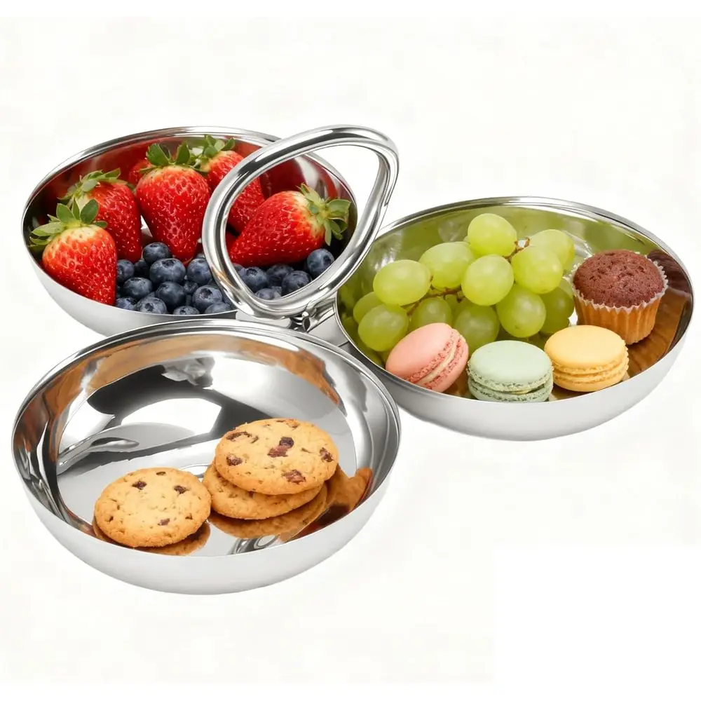 

Прочная тарелка для закусок из нержавеющей стали 3-в-1, безопасный поднос для сервировки фруктов для дома, кухни, вечеринок, орехов и конфет (2 типа)