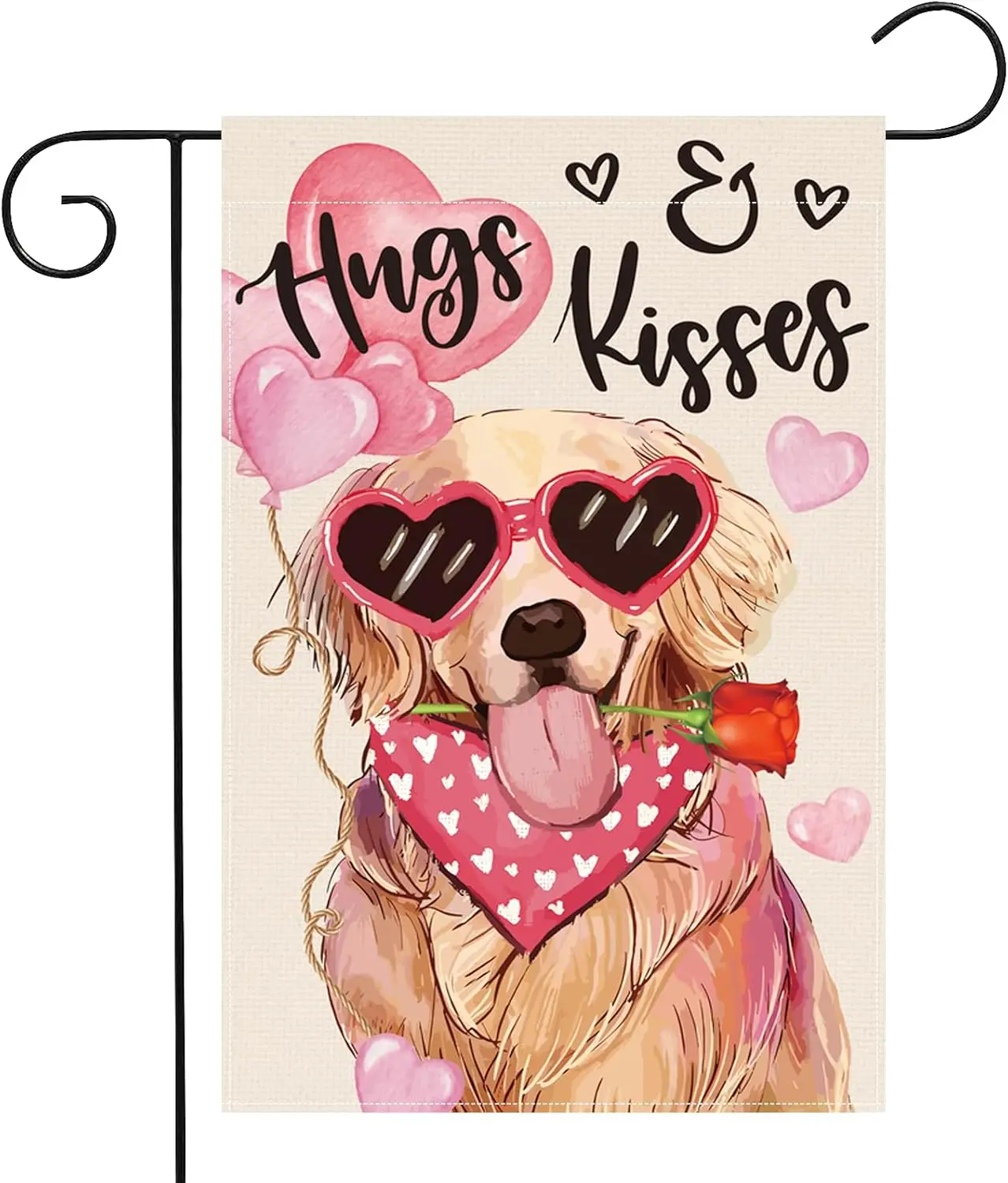 12 x 18 Inches Hugs and Kisses Valentines Day Garden Flag Decorations - Double Sided Vertical Burlap Dog with Hearts Printed Hol