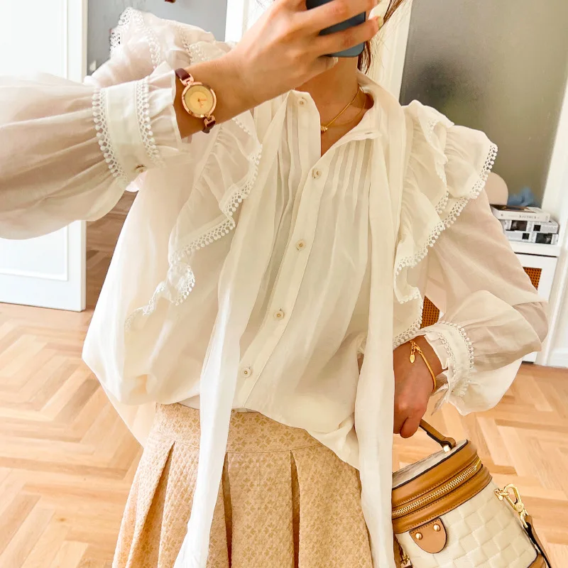 

2025Spring New Women's Long-Sleeve Shirts French Style Design Shirt Puff Sleeve Temperament Commute Women's Top