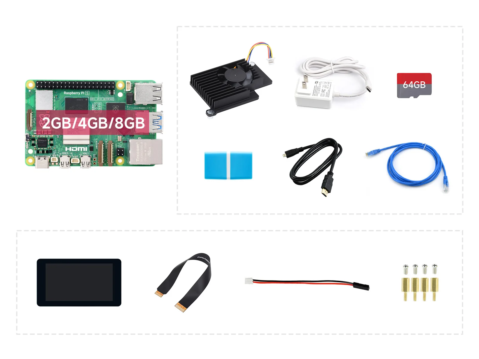 PI5 Display Kit B,With Raspberry Pi 5-2GB/4GB/8GB Version,With 7inch DSI LCD (B),With Pi5-Active-Cooler-A/Case