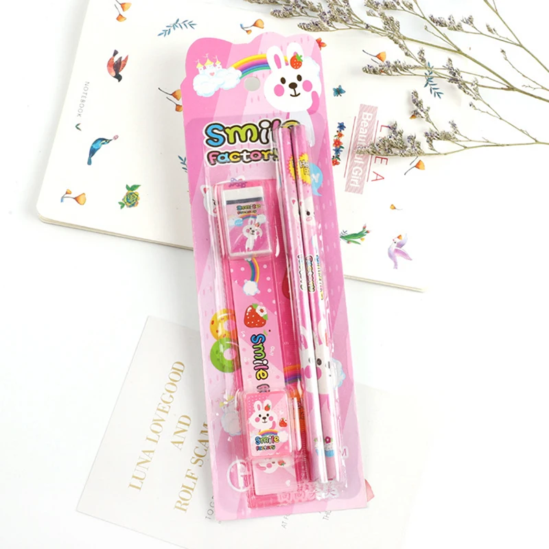 5pcs Cartoon Rabbit Stationery Set Pencils Eraser Ruler Pencil Sharpener Student Stationery Kit for Student