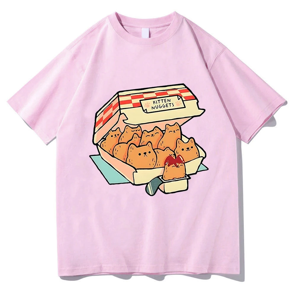 Kitten Nuggets Happy T-Shirts Damen Kawaii/süße High Street T-Shirts 100 % Baumwolle T-Shirts Katze Kekse Dip Sauce Kurzarm