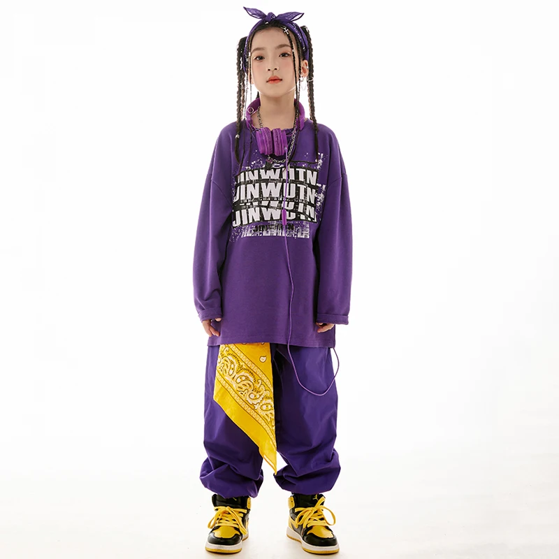 Street Hip Hop Clothes Kids Loose Yellow coat Purple Pants Girls Jazz Dance Costume Boys Drum Hiphop Performance Clothing L11575