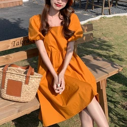 Women Classic Korean Holiday Concise Dresses Lady Square Collar Outside Party Kawaii Dress Female Casual Puff Sleeve Short Dress