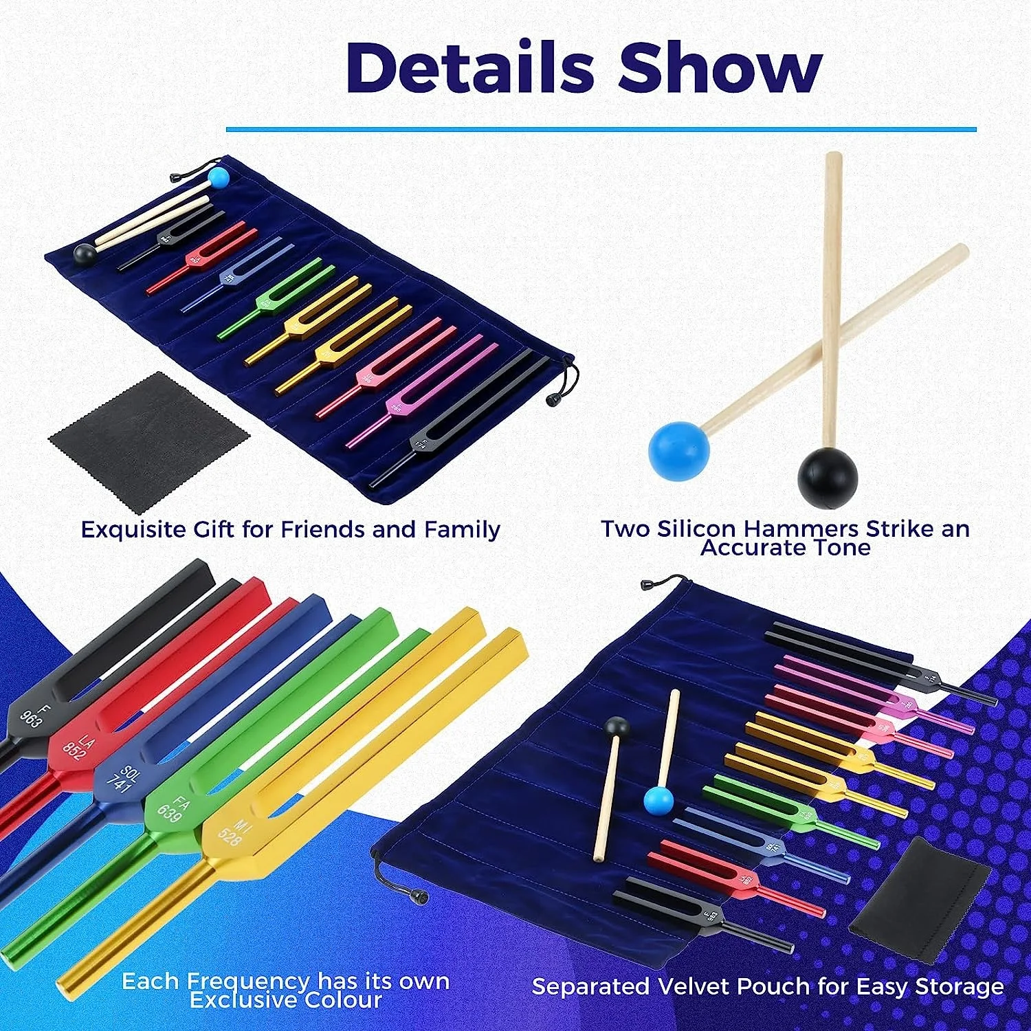 Imagem -02 - Conjunto de Diapasões Solfeggio Kit de Bolsa de Martelo de Silicone 174 285 396 417 528 639 741 852 963 hz Instrumentos Musicais Coloridos Peças