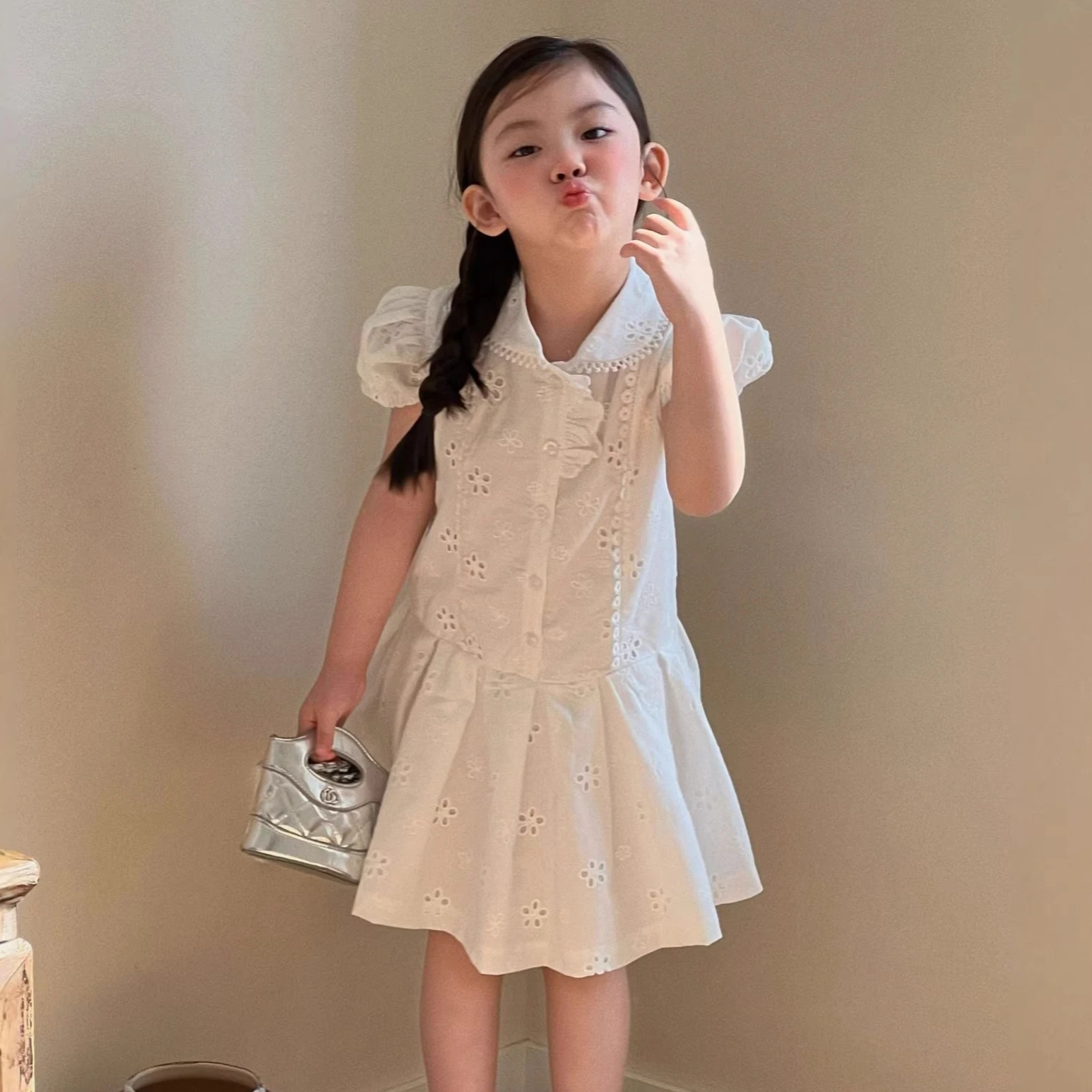 

Girls Dress 2026 Spring/summer New Childrens Clothing Korean Girl Baby French Bubble Sleeve Embroidery Delicate Shirt Dress