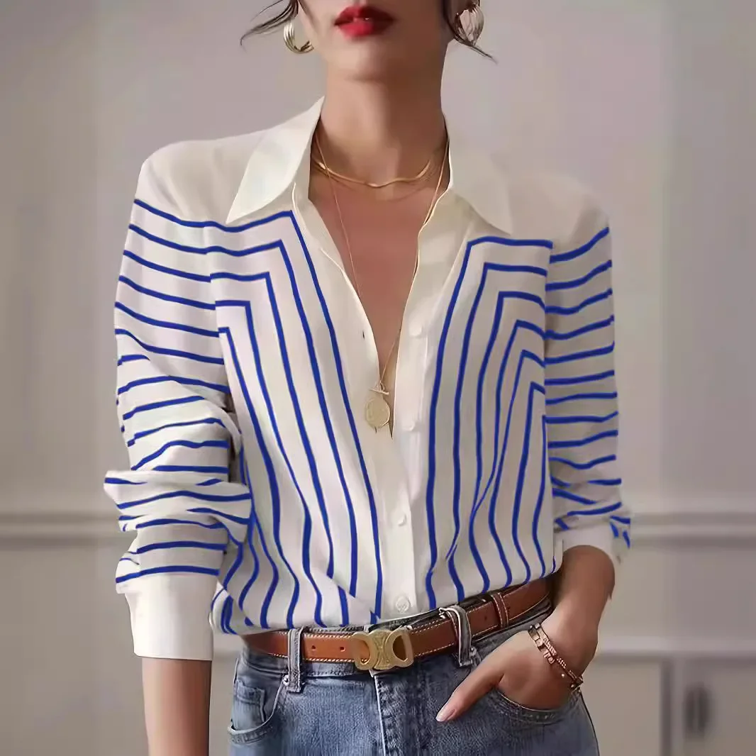 Pure and elegant  style white striped versatile printed shirt