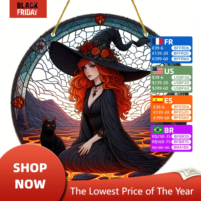 

Mysterious Halloween Witch Stained Glass Window Decoration - 20cm/8 Inches Vintage Wall Home Room Decoration Posters