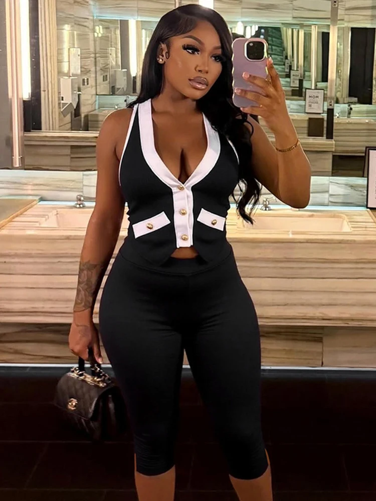 

Women's Sexy Black Legging Two Piece Set 2025 Summer Buttons Up Halter Crop Top And Legging Pants Tracksuit Vintage Party Sets