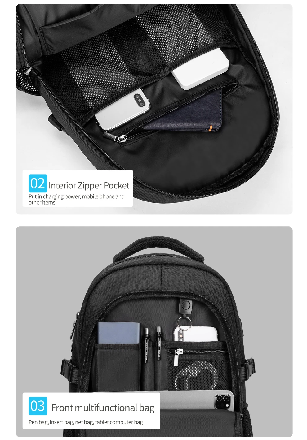 Heroic Knight Multifunktionaler Herren-Rucksack, passend für 15,6-Zoll-Laptops, modischer wasserdichter Schulrucksack, USB-Anti-Diebstahl-Reisetasche für Herren – Detail 10