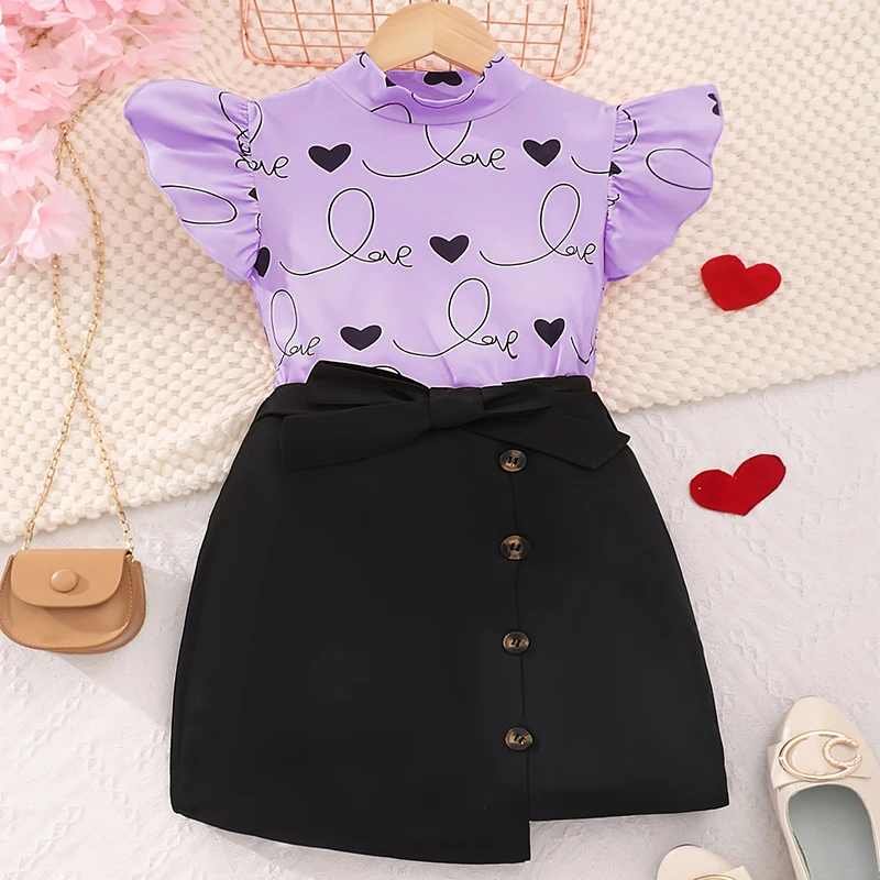 Two Piece Summer Girls Cool And Cute Love Printed Tight Short Sleeved Skirt Daily Casual Princess Birthday Party Costume Set