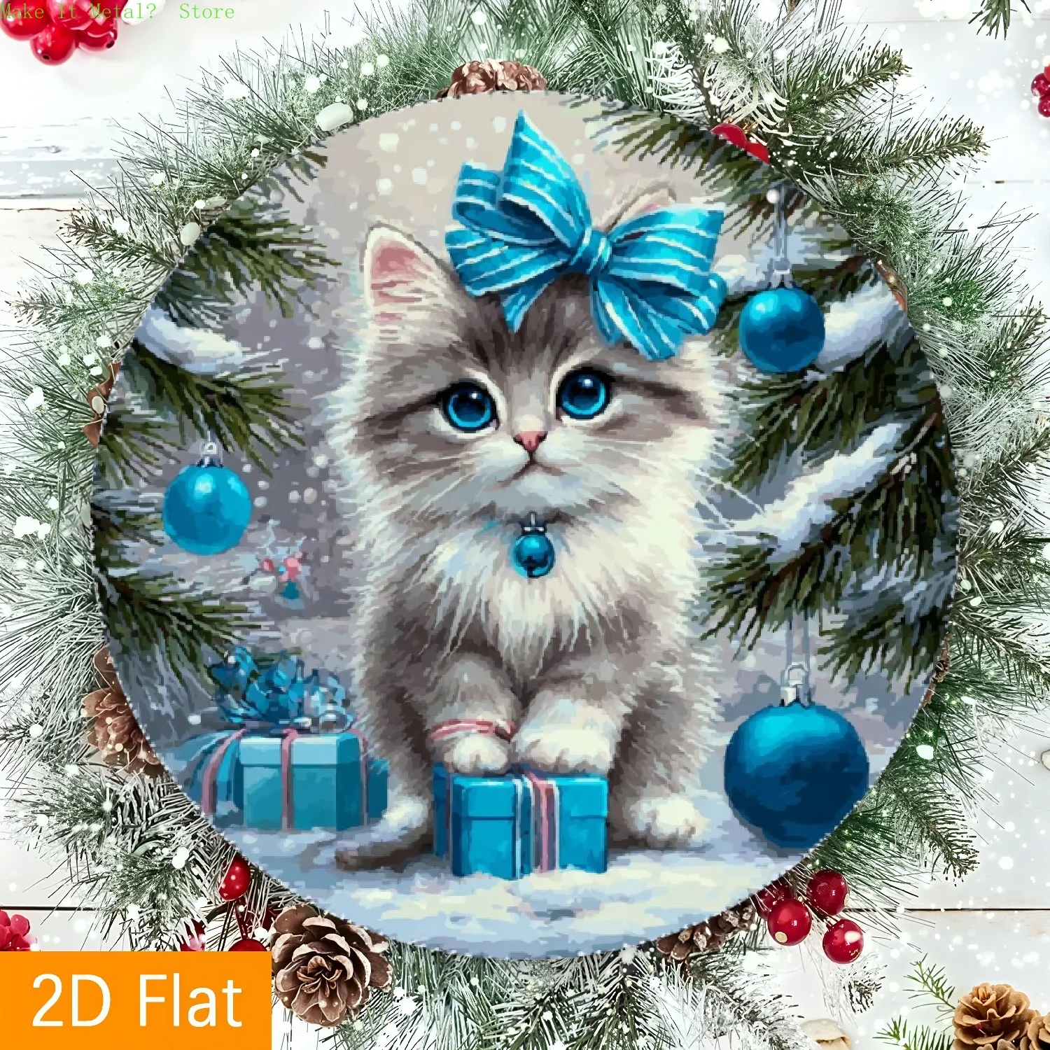 2D Flaches Niedliches Kätzchen mit Blauer Schleife & Weihnachtsgeschenken Rundes Blechschild Festliche Metall-Wandkunst für Katzenliebhaber, Feiertage und Winterdekoration