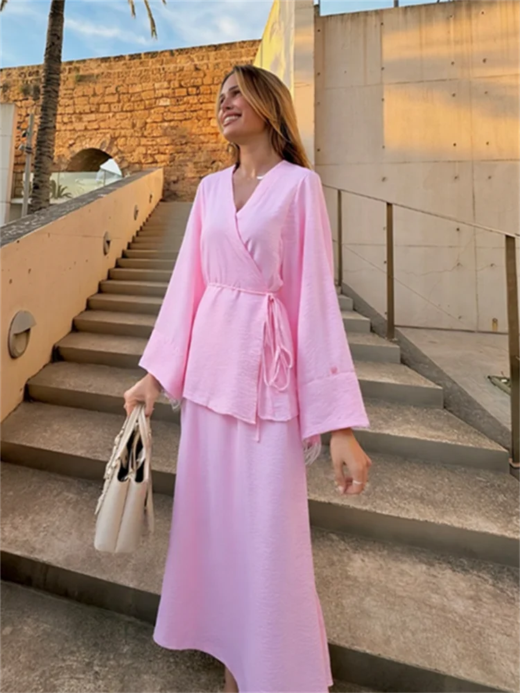 

Casual Cotton Lined Lace Up Women's Skirt Suit V-neck Full Sleeve High Waist Skirts Female Sets 2025 Summer Lady Beach Outfits