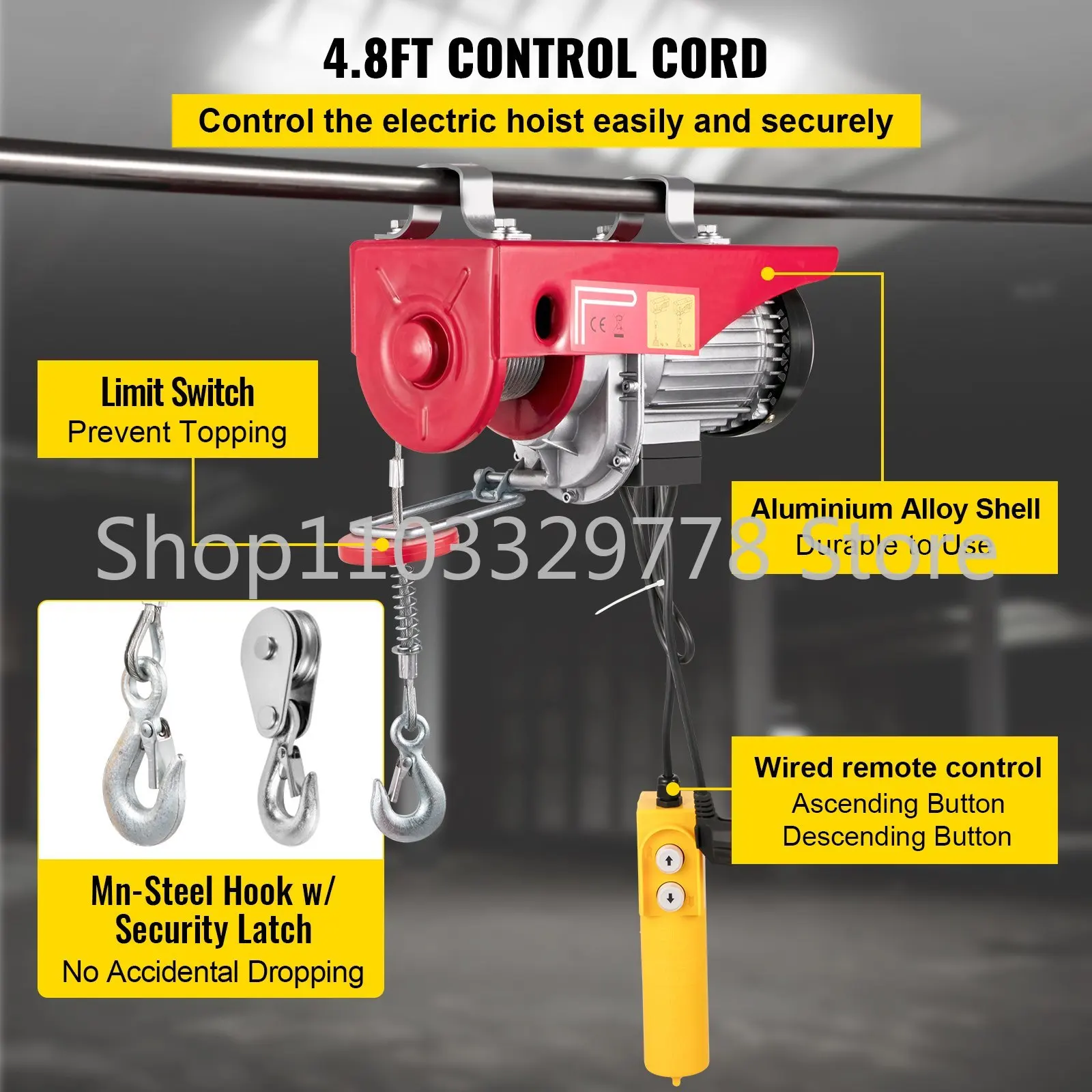 Cabrestante eléctrico con Control remoto para garaje, elevador de cable de 880 libras, capacidad carga de 400kg