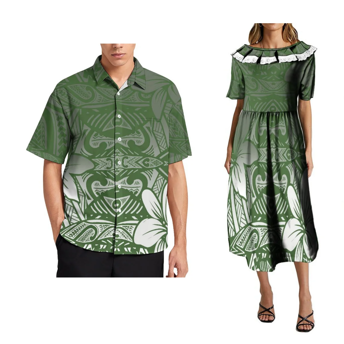 Samoa Women Dress With Lace Mumu Men Hawaii Printed Shirt Exquisite Couple Clothing Matching Accept Customization