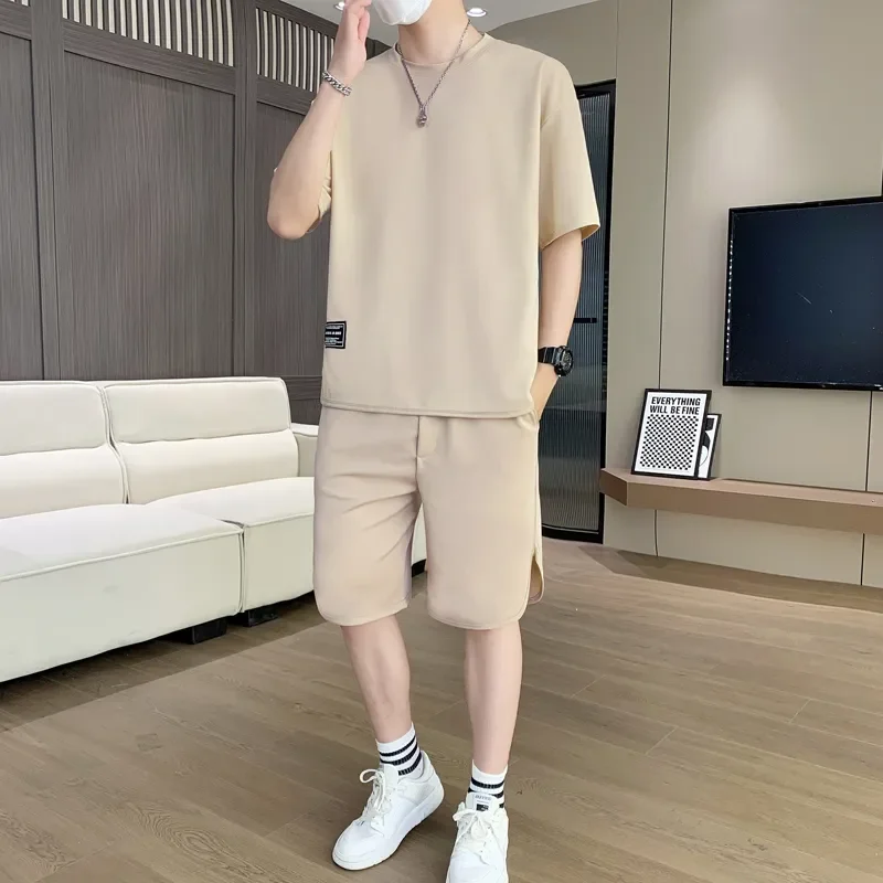 

Men Summer Two Piece Outfit Simple Label Decor Crew Neck Short Sleeve T Shirt Loose Casual Sport Shorts For Middle Age Youth