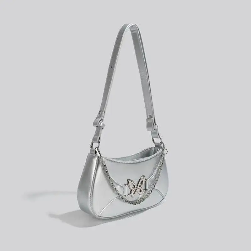

Y2k Серебряная бабочка с декором, крутая сумка на плечо для девочек, портативная женская сумка через плечо, модная цепочка, женская сумка подмышками, трендовая сумка
