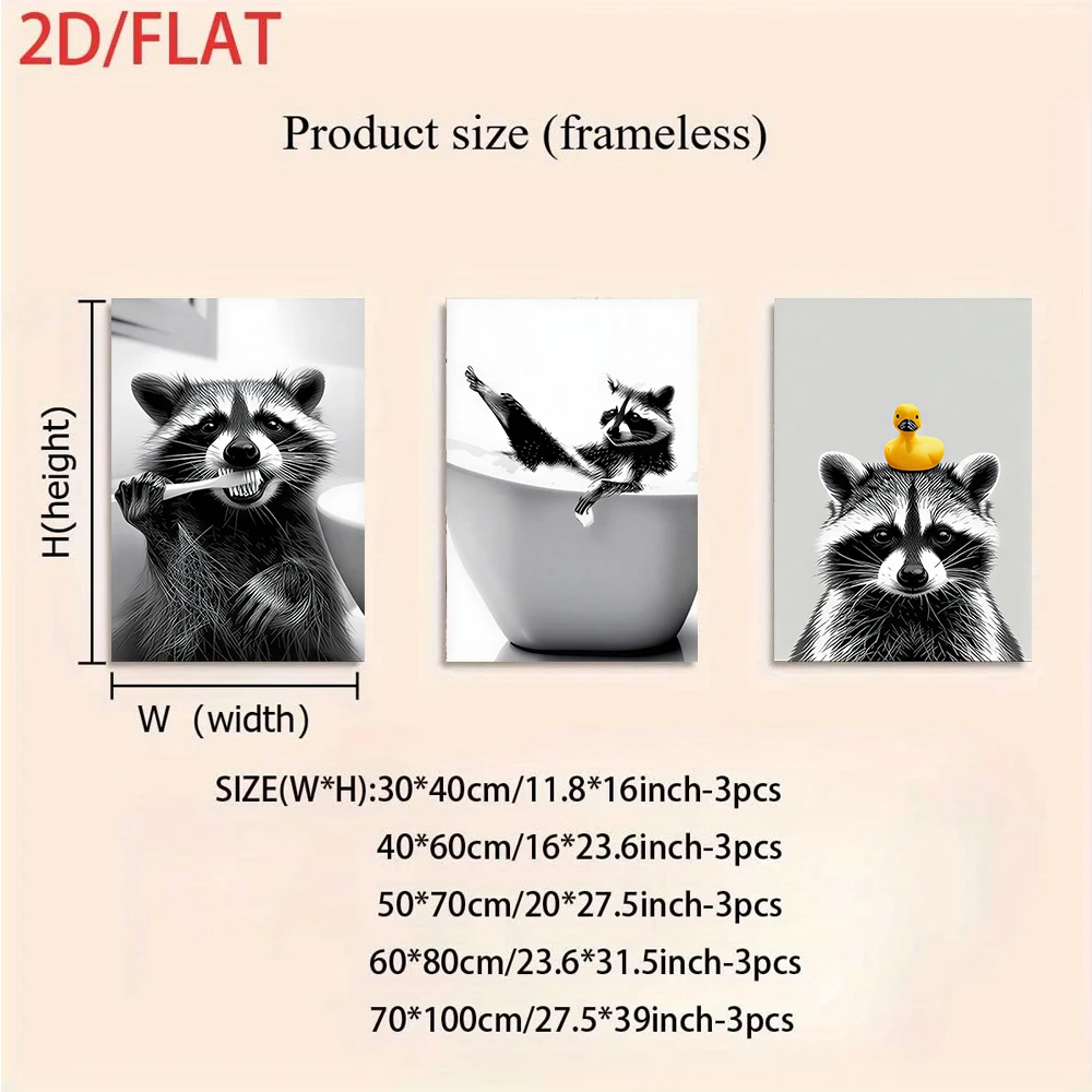 1 set of three frameless decorative paintings: black and white raccoons brushing their teeth and taking a bath (2D flat image)