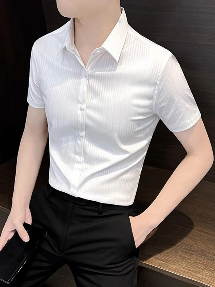 

Мужская летняя рубашка из ледяного шелка с коротким рукавом, приталенная, в полоску, повседневная, деловая, премиум-класса, новинка 2026 года, с узором K-образного паттерна