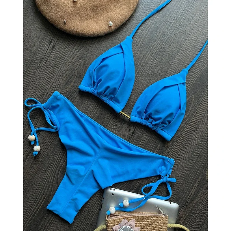 

Solid Bathing Suit Women Bikini Set Halter Triangle Drawstring G-string Micro Bikini Swimsuit Summer 2025 New Beach Sexy Biquini
