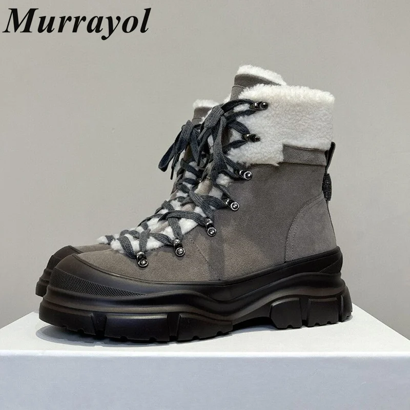 Sole Suede Thick Bottom Non-slip Snow Boots Women's Round Toe Fur Collar Lace Up Ankle Botas Winter Wool Lining Short Boots