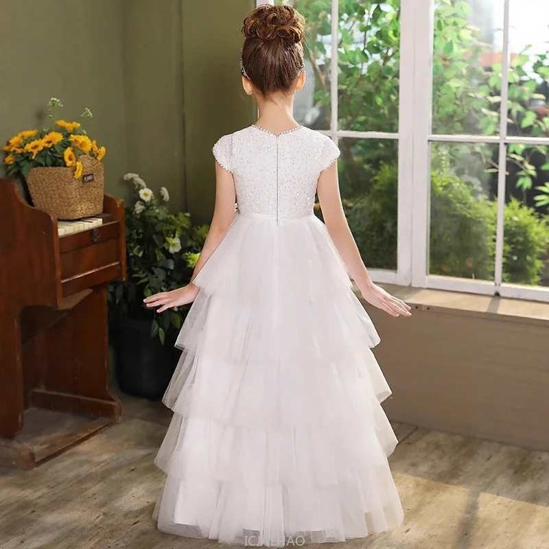 Wed Dress 2025 New White Girls Cake Dresses ChildrenPerformance Princess Gown Kids Costume Sweet Birthday Party Pageant Piano
