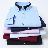 Camisa de manga larga elástica con cuello contrastante para hombre, camisa informal de negocios, cómoda, sin hierro, Color sólido para jóvenes, primavera y otoño, nuevo