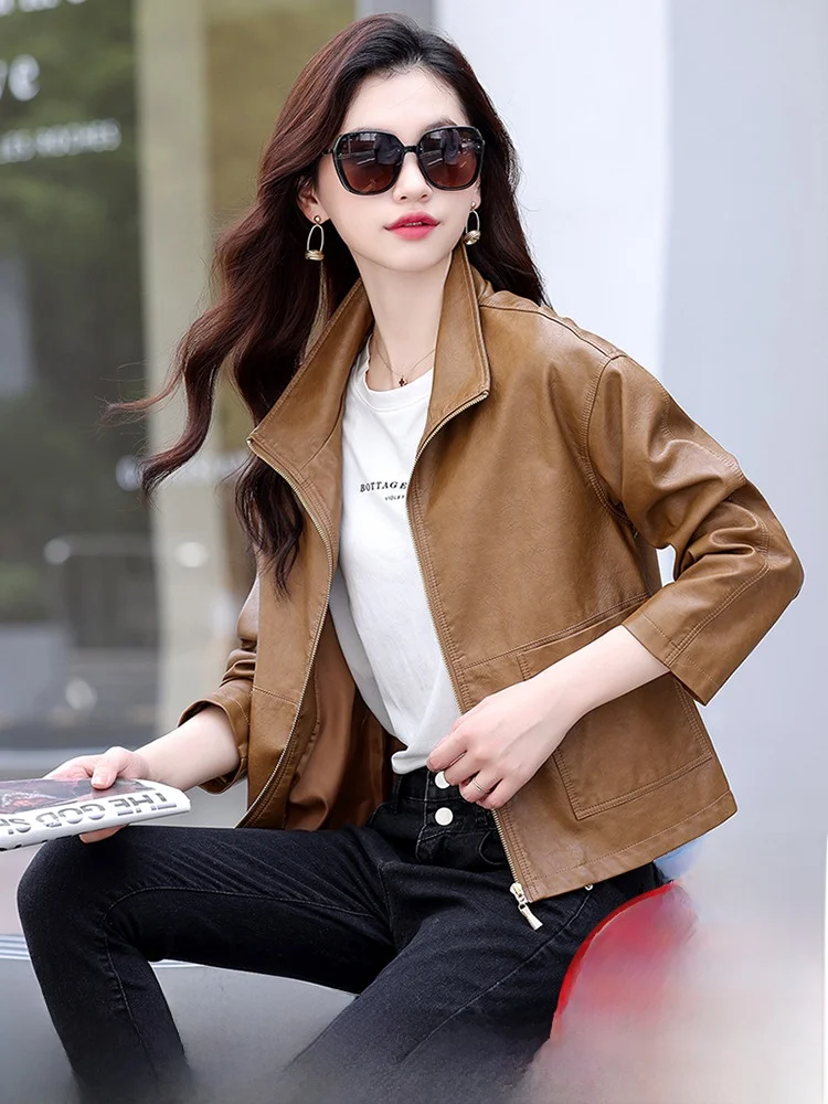 

Ning Genuine Leather Jaet Women's ort Sle Casual Korean Version Spring Autumn Ladies' eepskin Coat Zipper Design