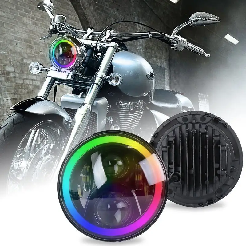 OVOVS Blue-tooth Control Motorcycle Headlight RGB 7 Inch LED Headlight for Harley Touring Yamaha Honda Suzuki