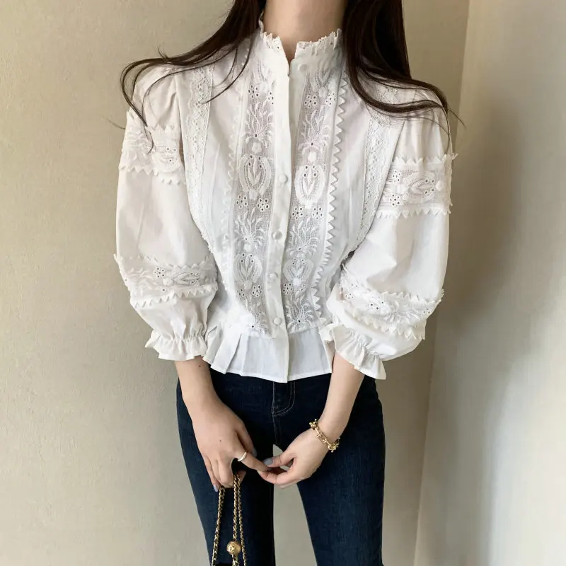 E Lely المطرزة irt Sli الخصر Cinching انتفض Sves الوقوف طوق القطن فام الربيع الصيف جديد Sle Sol... #5