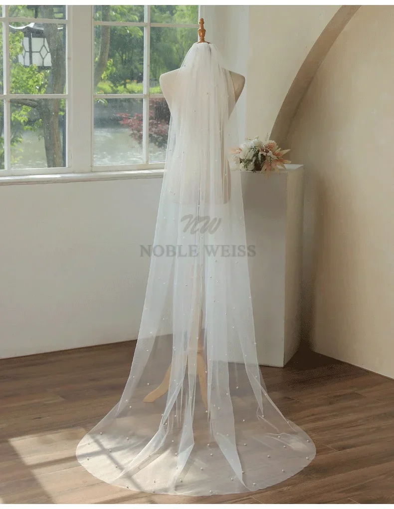 Pearls Wedding Veil Tulle 1T  Elegant Bride Veil 2 Meter Length Bridal Party Veils With Comb Customized