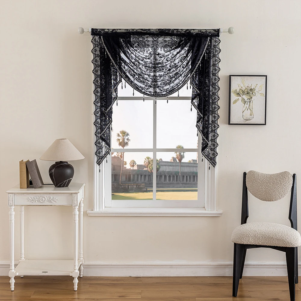 1 pc New Jacquard Valance with Rod Pocket, Lace Sheer Curtain, American Wave Valance New Arrival Jacquard Curtain Head, Rod Pock