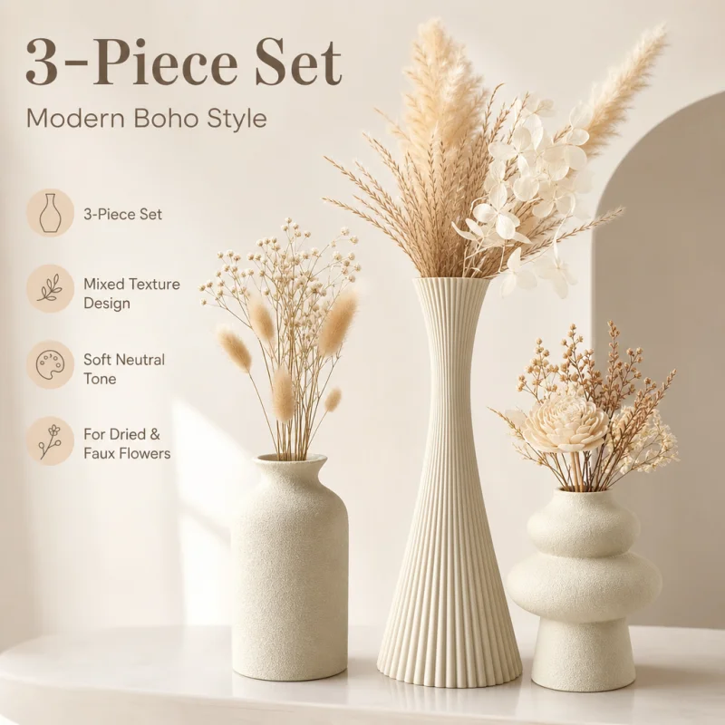3Pcs Cream Sand Sculpture Vase Set PLA 3D Printed Mixed Texture Vase Wabi Sabi Minimalist Decor For Tabletop Entryway Dried Pamp