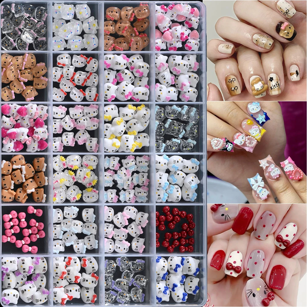 12/24grids 3D Mixed Cartoon Glitter Hello Kitty Head Nail Charms Pink/Blue/Red Bow Kawaii Kitty Nail Rhinestone DIY Nail KT Part