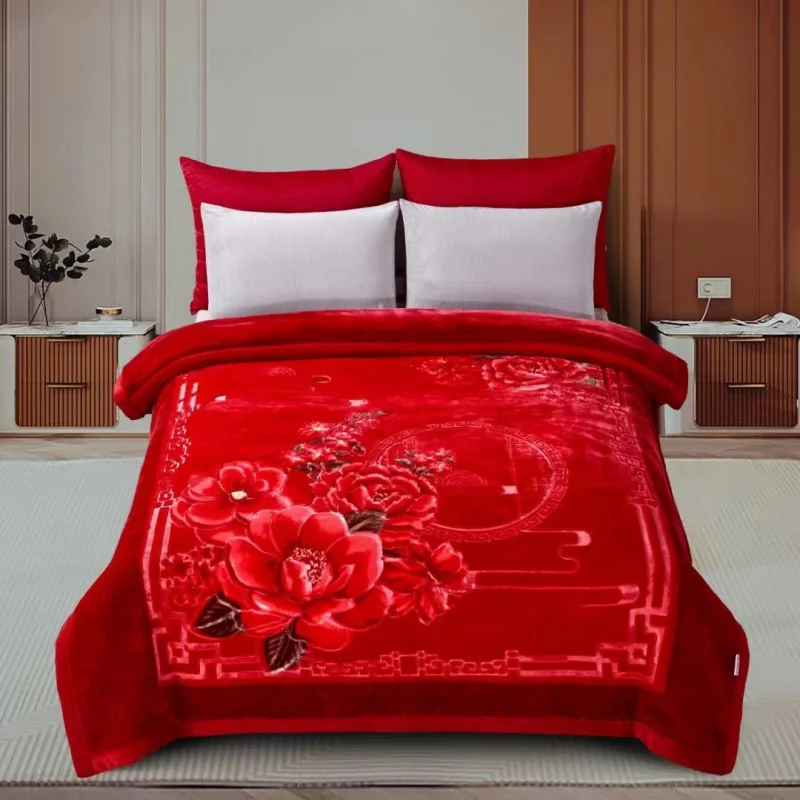 Laschel Blanket Quilt Double-Layer Thickened Thermal Coral Fleece Cloud Blanket Double Wedding Ceremony Red Cover Blanket