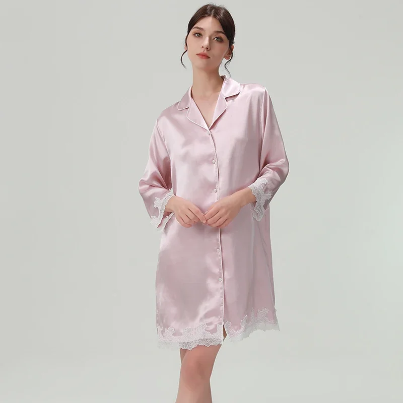 19MM 100% Mulberry Silk Chemise Nightshirts Lace Trim Button Down Lapel Nightdress Long Sleeves Sleepshirt Homewear Nightgown PJ