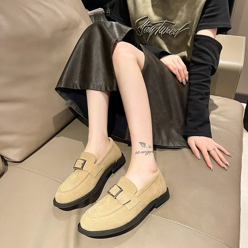 Suede Woman Loafers Belt Buckle Round Toe Vintage Flat Shoes Comfortable Slip on Single Shoes Casual Soft Sole Leather Shoes