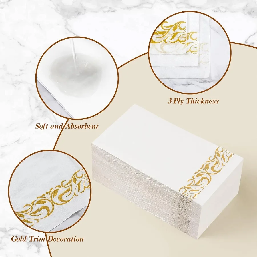 Confezione da 200 tovaglioli di carta Tovaglioli da tavola a 3 strati con finiture dorate per gli ospiti Asciugamani di carta da bagno morbidi e assorbenti, perfetti per