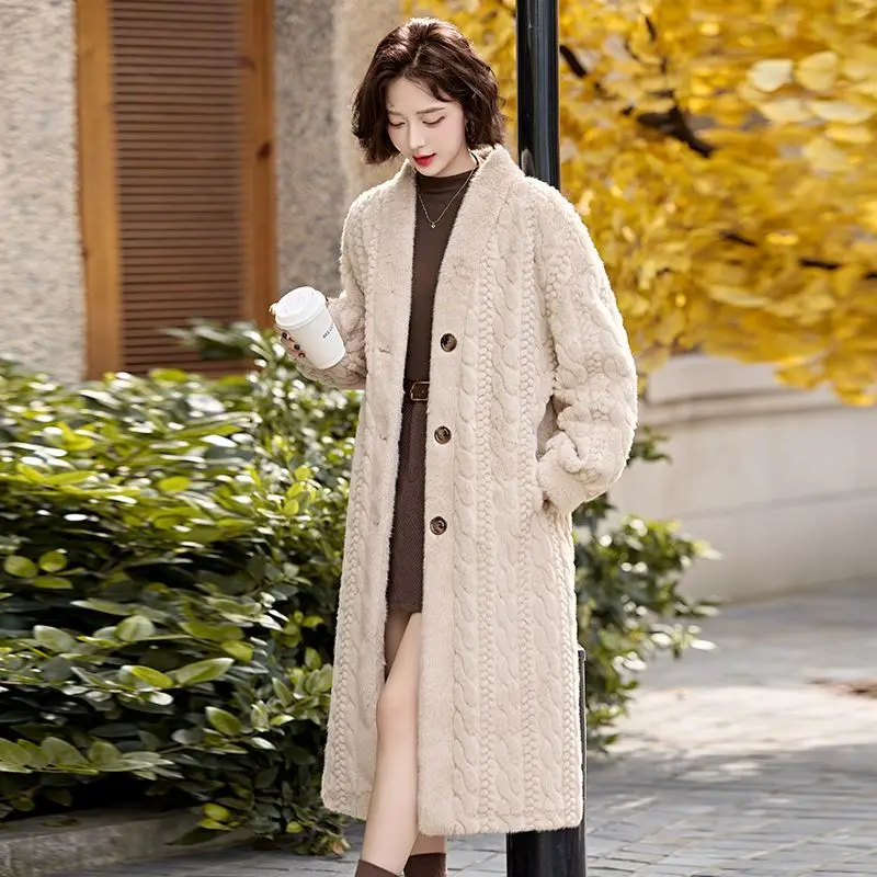 Cardigan de pele feminino engrossado long2025primavera e outono com decote em v jaqueta feminina solta simples lazer com botões casaco de pele do falso vison