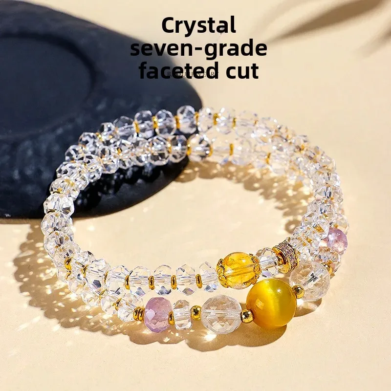 Natural Cut White Crystal Double Circle Beaded Bracelet Women's To Attract Wealth Amethyst Golden Tiger Eyes Hand String Jewelry