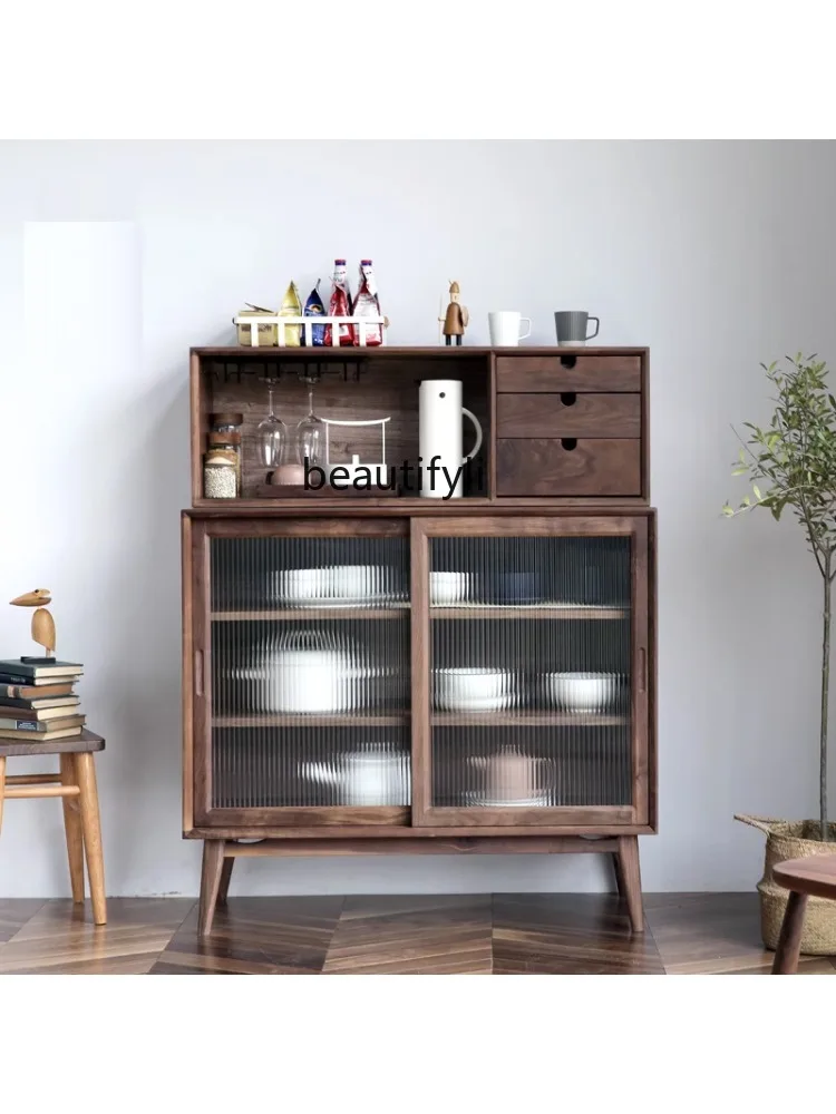 Black Walnut Solid Wood Sideboard Wine Cabinet Wall-Mounted Nordic Solid Wood Locker Japanese Kitchen Cupboard Log  furniture