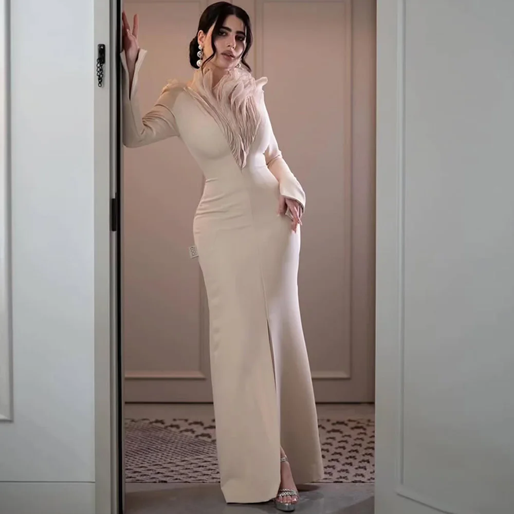 

Mermaid V-Neck Long Sleeves Evening Dress Customized High Quality Jersey Celebrity Gowns Classic Side Fork Homecoming Dress