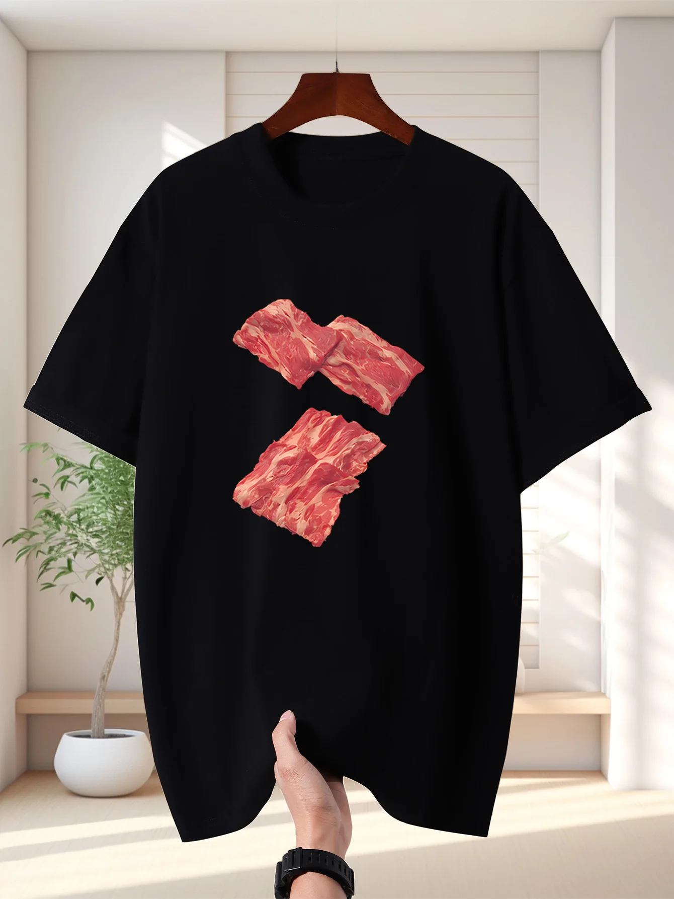 Raw Marbled Bacon Slices Mens Crew Neck T Shirt Fresh Meat Graphic Short Sleeve Tee Barbecue Food Lover Casual Male Street Tops