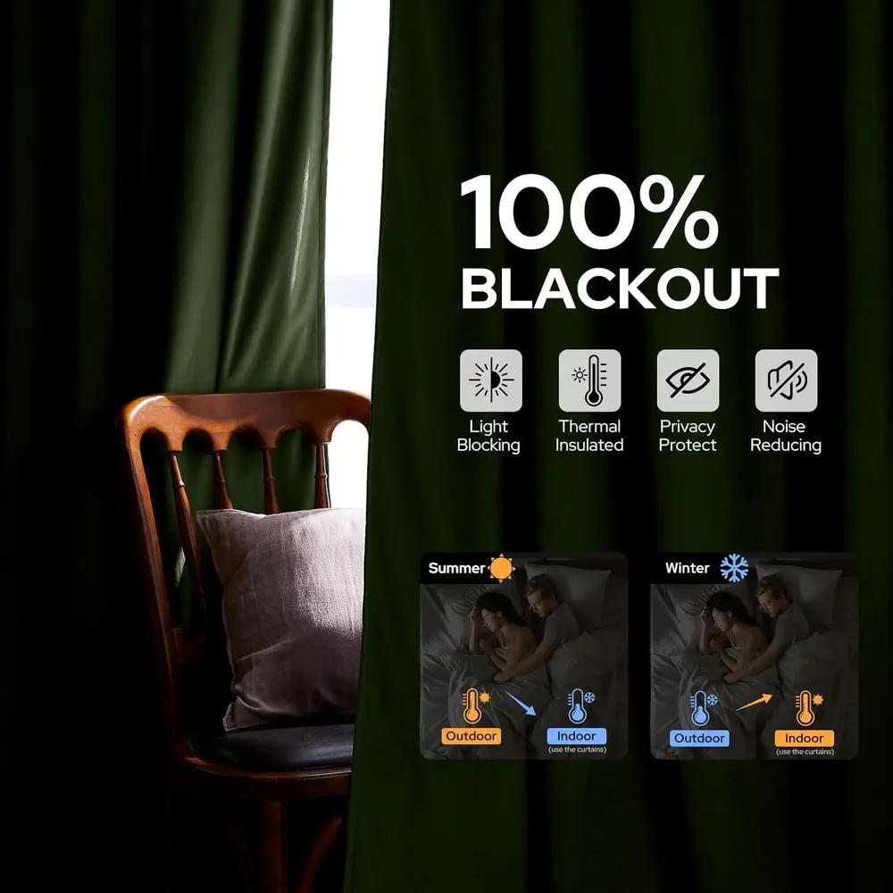 럭셔리 암막 올리브 그린 벨벳 커튼, 52x84, 단열, 빈티지 크리스마스 스타일, 침실 및 거실용