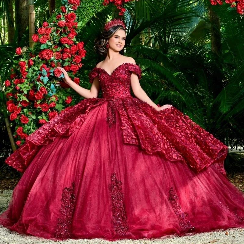 Red Glitter Quinceanera Dress Ball Gown For Sweet 16 Off The Shoulder 3D Flower Lace Applique Beading Crystal Tull Vestidos De15