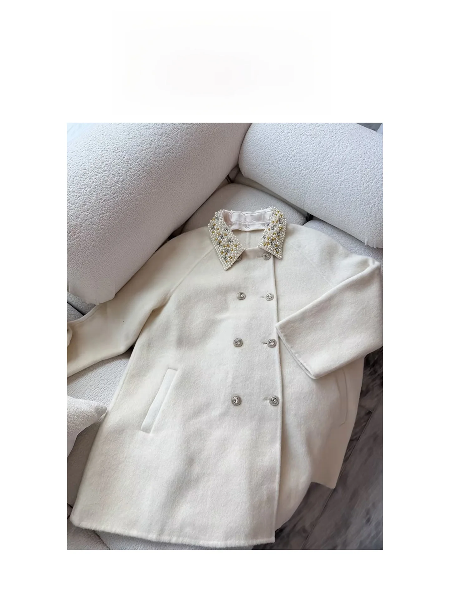 

AZZHEN Double-Sided Woolen Coat Pearl Snow Ode Women's Elegant Two-Way Wear Outerwear Long Sleeve Medium-Length Fashionable